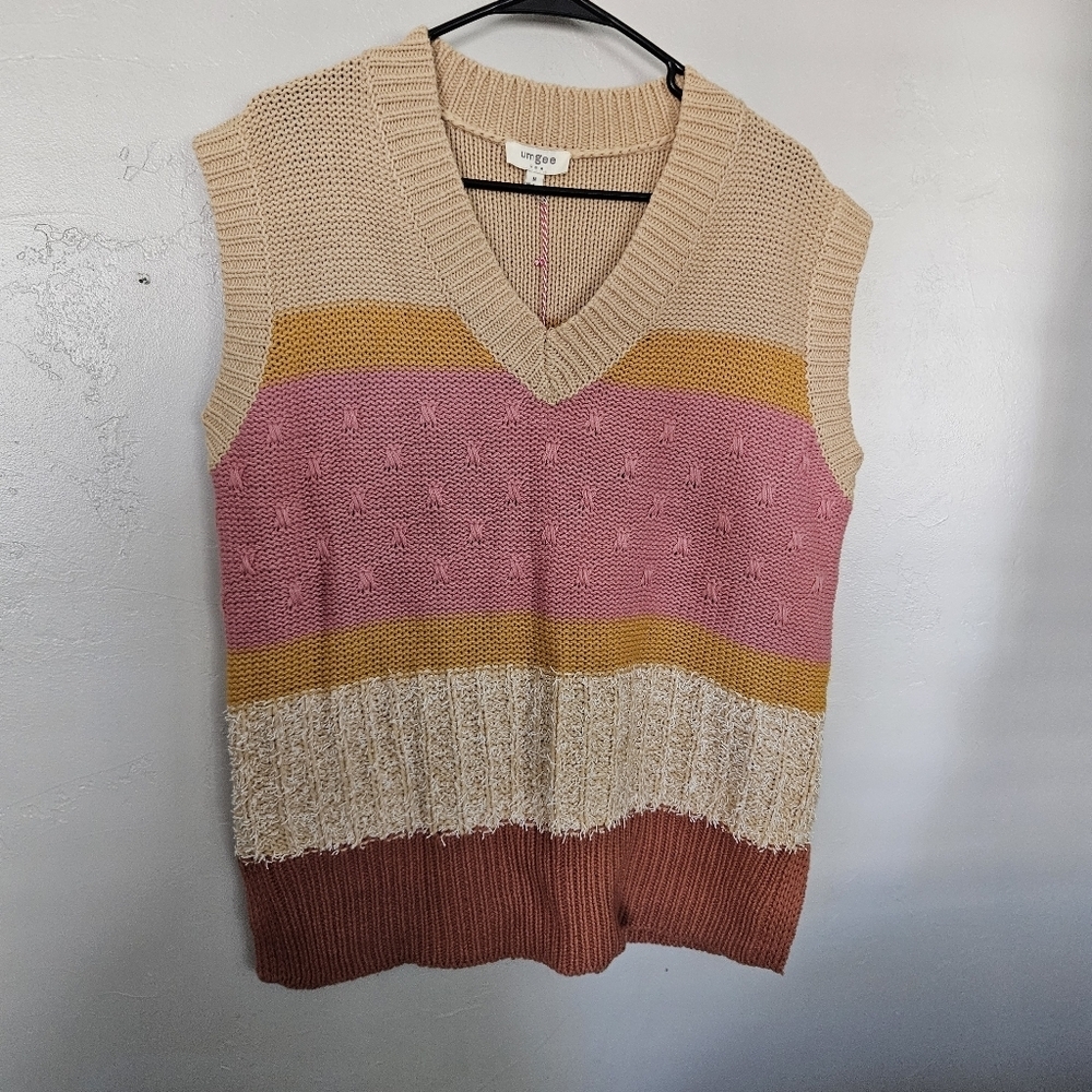 Umgee NWT Women's Medium V-Neck Sleeveless Sweater Vest Colorblock Tan Pink Boho